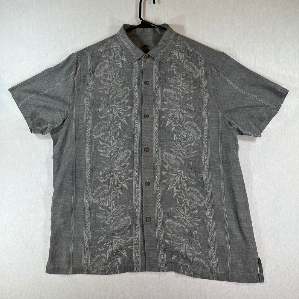 Tommy Bahama Camp Shirt Mens XL 100% Silk Embroidered Gray Floral S/S Breezy